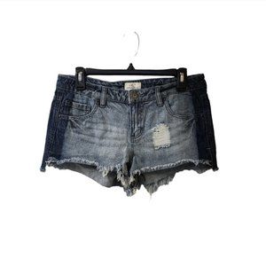 O'Neill Light Dark Wash Distressed Jean Shorts Size 25 Raw Hem Low Rise